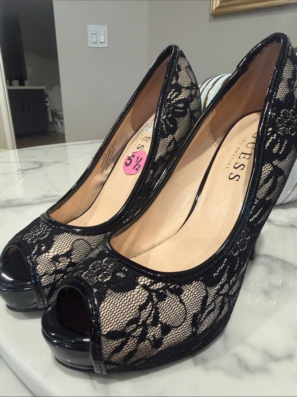 GUESS Black Lace Peep-Toe Platform Heels with Nude Underlay
